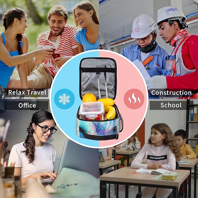 SUPLUCHOM Lunch Bag Mermaid Childish Blue Sea Insulated Bento Box Cooler with Side Pocket for Girl Boy Women Men Work School Picnic Hiking Daytrip