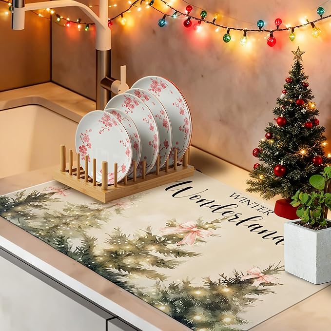 Winter Christmas Tree Dish Drying Mat, Pink Bow Xmas Tree Coffee Bar Mat for Countertops, Vintage Christmas Absorbent Dish Drying Mats for Kitchen Counter Coffee Maker, 16x24 Inch