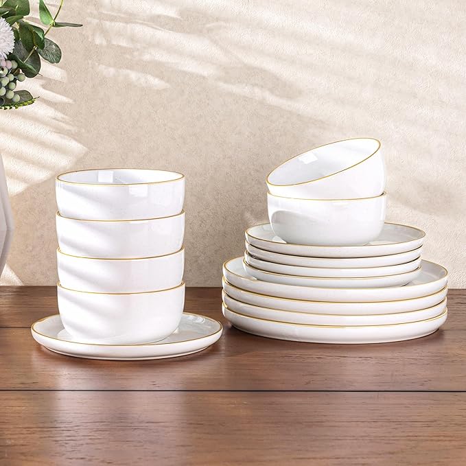 AmorArc Dinnerware Set, 12 Pieces Ceramic Plates and Bowls Set, Stoneware Plates Sets Handpainted, Dishwasher & Microwave Safe Dishes (Speckled White, Service for 4)