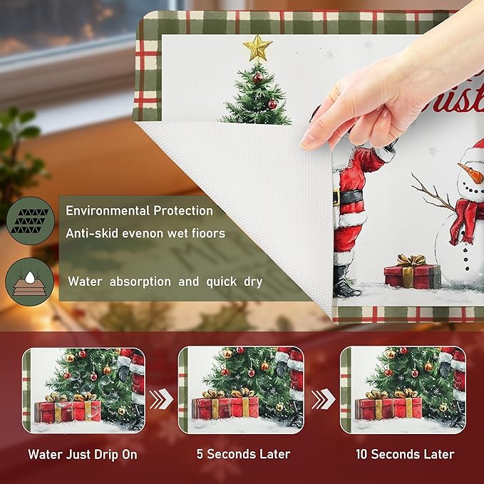 Red and Green Plaid Christmas Dish Drying Mat, Christmas Tree Santa Snowman Coffee Bar Mat for Countertops, Retro Xmas Absorbent Dish Drying Mats for Kitchen Counter Coffee Maker, 16x24 Inch