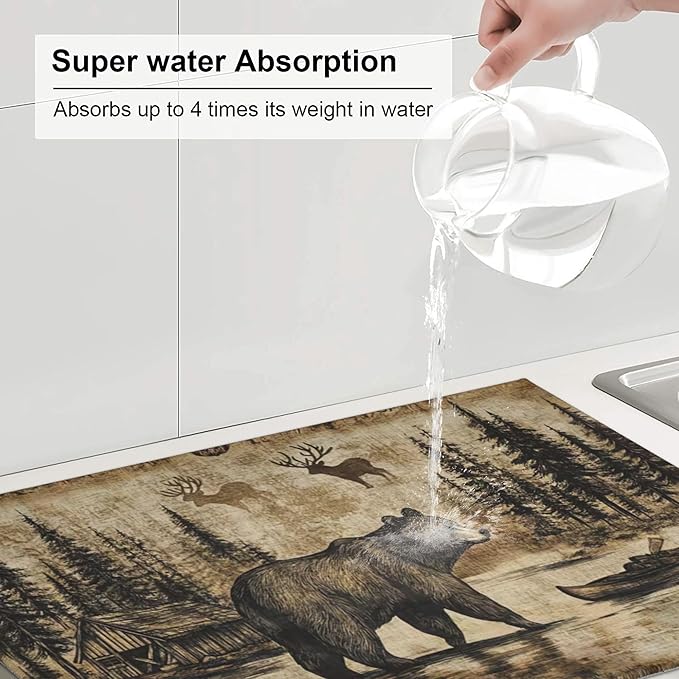 Carbine Bear Dish Drying Mat for Kitchen Counter Microfiber Super Absorbent Non-Slip Dish Drying Pad for Countertops Dishes Utensils Stylish Quick-Dry Machine Washable 18x24 Inch