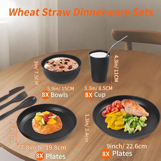 64PCS Wheat Straw Dinnerware Set BPA Free Unbreakable Reusable Dinnerware Set Kitchen Cups Plates and Bowls Sets Dishwasher Microwave Safe Plates