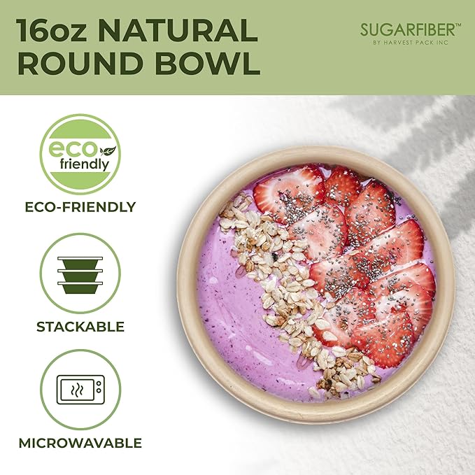 [125 SET]Sugarfiber by Harvest Pack 16oz PFAS FREE Round Paper Bowls with Flat Lids, Heavy-Duty Eco-Friendly Disposable Bagasse Bowls Sugarcane Natural for Acai Bowl Meal Prep Takeout Dinnerware