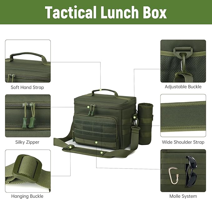 Tactical Lunch Box for Men, Insulated Lunchbox Waterproof Leakproof Cooler Lunch Bag for Work Outdoor Picnic, 24 Cans/15 L, Green