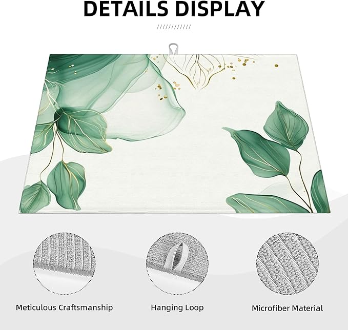 Watercolor Green Palm Leaves Dish Drying Mat 18x24 Inch, Microfiber Absorbent Fast Dry Mat Large Dish Mat Drying Kitchen Mat, Kitchen Drying Pad for Kitchen Counter Coffee Bar Decor Gifts