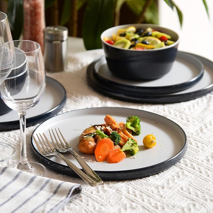 Melamine Dinnerware Sets,Plate and Bowl Set for 4,12 Pcs Dish Set with Lipped Edges,Lightweight and Reusable Dishware Sets for Camping,Dishwasher Safe,Good for Housewarming(Navy Blue,Gray)