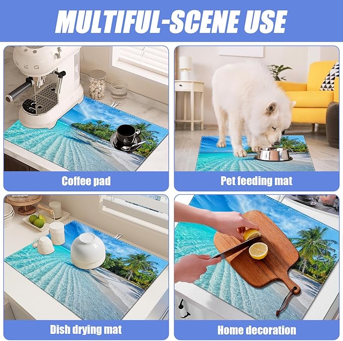 Beach Palm Tree Dish Drying Mat for Kitchen Counter Drying Pad Absorbent Reversible Dish Drainer Rack Mats Draining Pad 18"x24"Inch