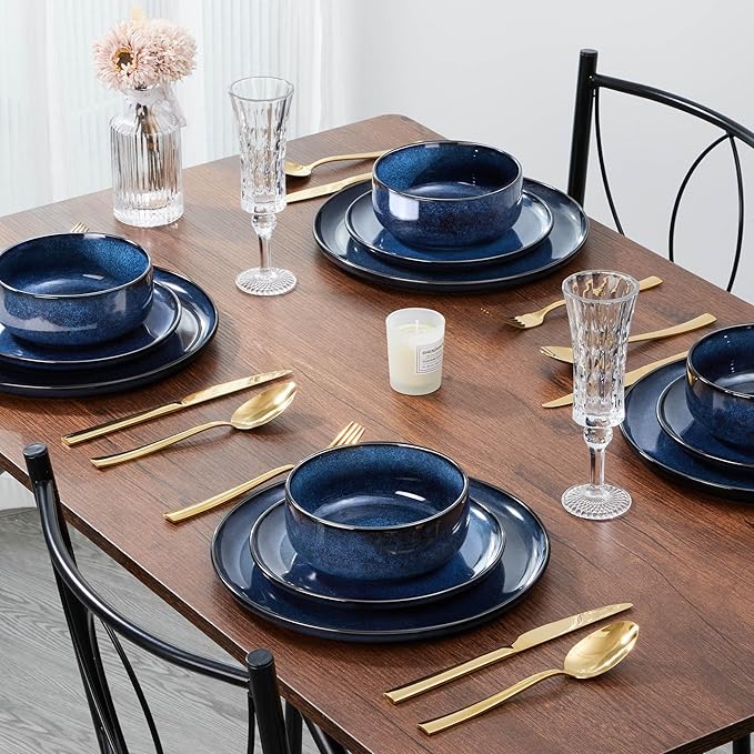 E-far Dinnerware Sets for 4, 12-Piece Stoneware Plates and Bowls Set, Ceramic Dishes Reactive Glaze Dinning Ware, Microwave & Dishwasher Safe - Deep Sea Blue