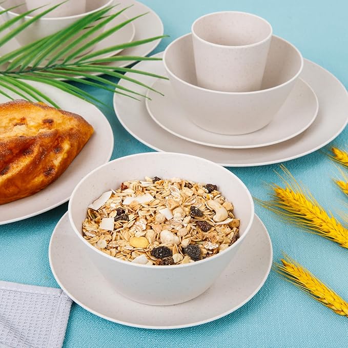 Supernal 32pcs Wheat Straw Dinnerware Sets Cream Color,Plates and Bowls Sets,Beige Plastic Dinnerware Sets, Dish Set for 8 with 25pcs Gold Napkins, Dishwasher Safe Plates