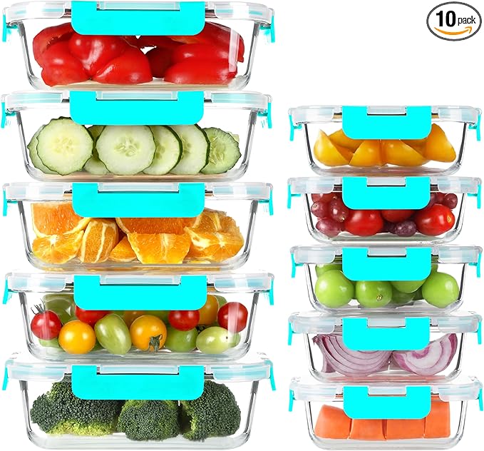 BAYZZ 10 Pack Glass Meal Prep Containers, Glass Food Storage Containers with Lids, Airtight Lunch Box, Freezer,Oven,Microwave and Dishwasher Safe,Green