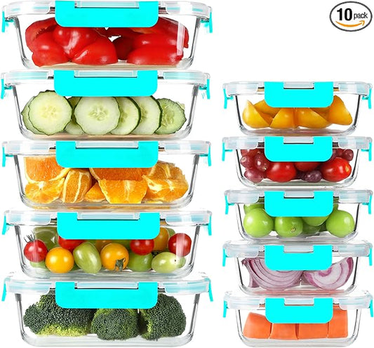 BAYZZ 10 Pack Glass Meal Prep Containers, Glass Food Storage Containers with Lids, Airtight Lunch Box, Freezer,Oven,Microwave and Dishwasher Safe,Green