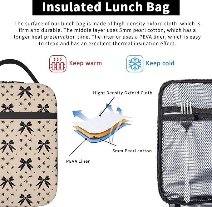 Bows and Stars Lunch Box for Women Men, Insulated Lunch Box, Reusable Lunch Bag for Office, Work, Picnic, Travel
