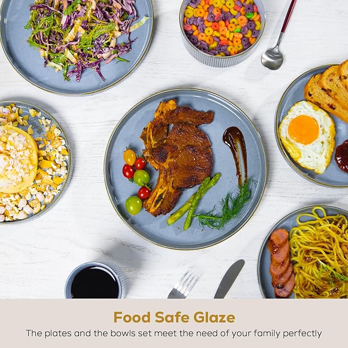 Romswi Ceramic 18Pcs Dinnerware Sets,Stoneware Plates and Bowls Set for 6, Chip & Scratch Resistant Ribbed Dish Set, Handmade Reactive Glaze, Oven, Microwave & Dishwasher Safe, Gray Blue