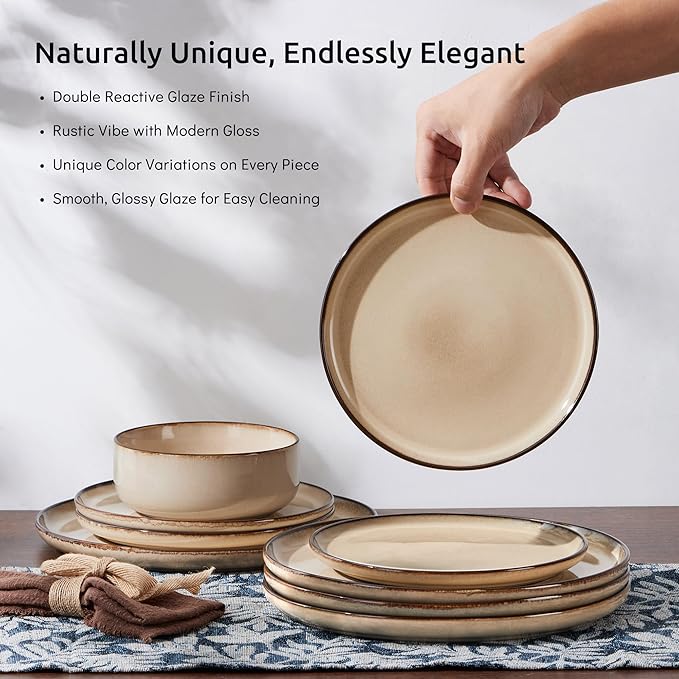 E-far 12-Piece Plates and Bowls Set, Stoneware Dinnerware Sets for 4, Reactive Glaze Ceramic Dinning Ware Dishes, Microwave & Dishwasher Safe - Sandy Beige