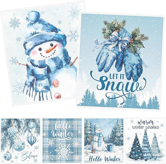 Winter Swedish Dishcloths for Kitchen - 6PCS Let It Snow Swedish Cloths for Washing Dishes, Snowman Blue Winter Reusable Dish Towels, Holiday Seasonal Washable Cleaning Sponge Gift
