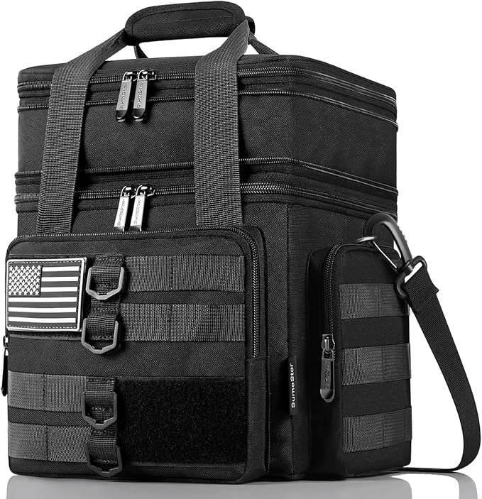 Tactical Lunch Box for Men, Large Insulated Lunch Bag for Adult, Heavy Duty Double Deck Expandable Lunch Cooler Bag with American Flag, Leakproof Soft Lunch Pail for Work Office Camping - Black