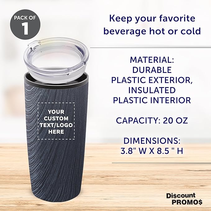 DISCOUNT PROMOS Custom Plastic Tumblers 20 oz. Set of 1, Personalized Bulk Pack - With lids, Ice Coffee Tumbler, To Go Cup, Insulated - Grey