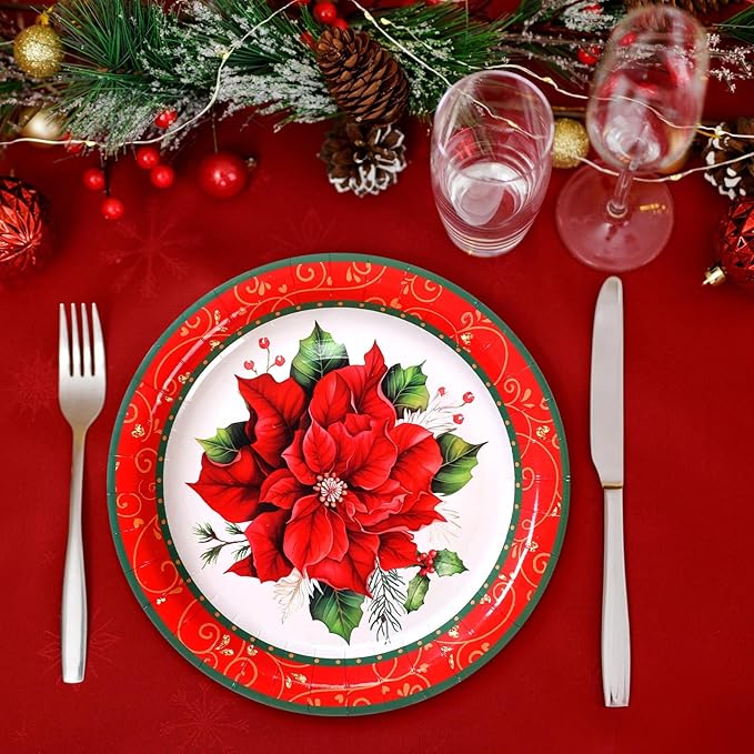 Zhehao 100 Pcs Christmas Paper Plates 9 Inch Disposable Plates Bulk Red and Green Poinsettia Christmas Party Decoration for Xmas Candy Dinner Plate Party Wedding Event Supplies