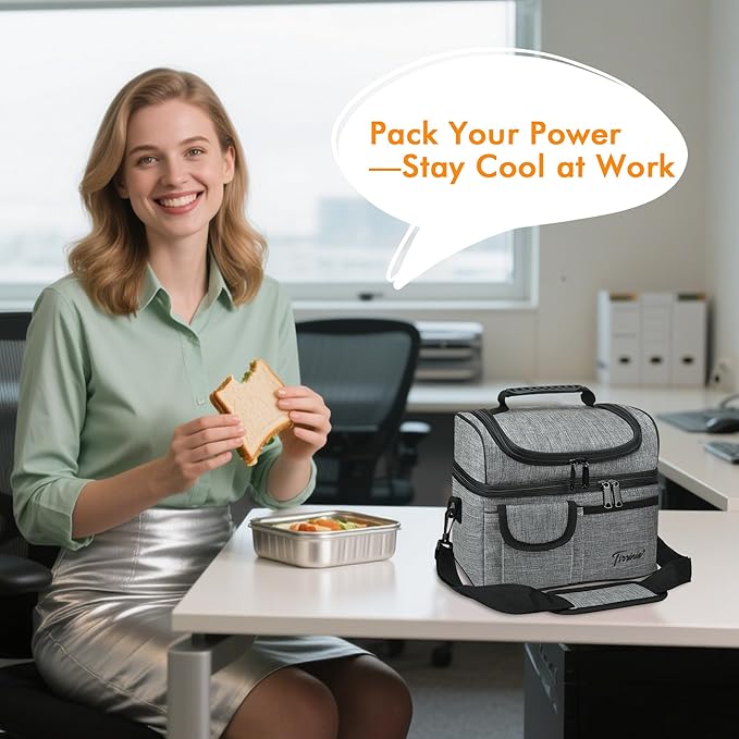 Tirrinia Reusable Lunch Box for Men Women, Insulated Lunch Bag Adult Work, Double Decker Leakproof Lunchbox for Office Picnic Beach—Dual Compartment Lunch Cooler Bag,Dark Gray
