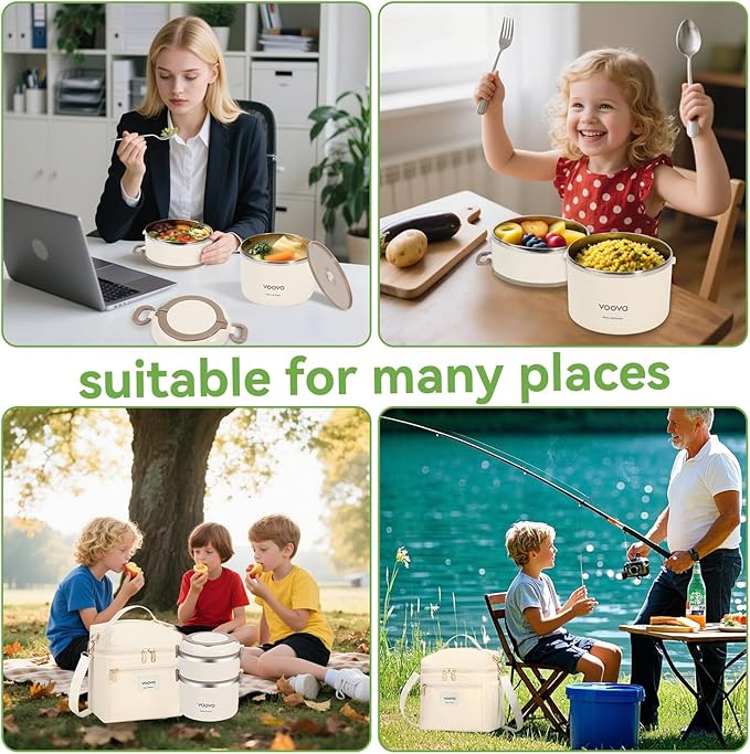 Voova Stackable Stainless Steel Thermal Lunch Box with Lunch Bag for Women Men Adult, 2 Tier Leakproof & Microwave Safe Insulated Bento Boxes Food Container for Work School, Beige