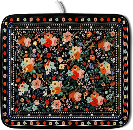 Black Flowers Dish Drying Pad Boho Floral Washable Microfiber Kitchen Mat for Home Decor