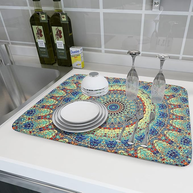 aportt Bohemian Drying Mats for Kitchen Counter 18×24 Inch Boho Mandala Ethnic Large Drying Mat for Dishes Microfiber Farmhouse Dish Rack Mat Drainer Pad Washable Absorbent Dry Mat