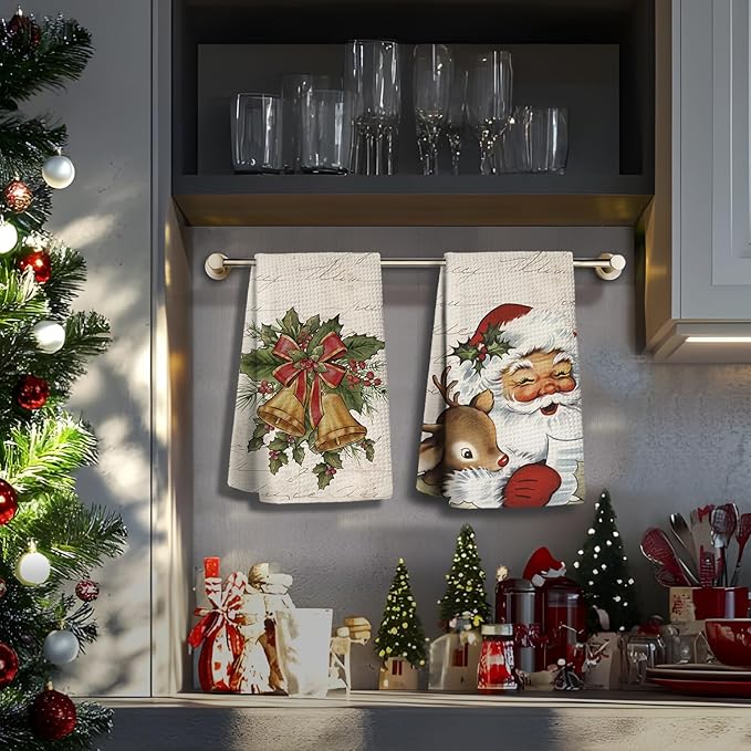 Christmas Kitchen Towels,Vintage Retro Santa Claus Dish Towels Set of 2,Christmas Kitchen Decor Tea Towels for Kitchen,Hand Towels for Bathroom,Gifts for Women,16×24 Inches