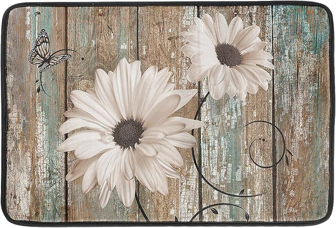 Rustic Daisy Board Dish Drying Mat for Kitchen Countertop 18x24 inch Fall Sunflower on Wooden Plank Dish Drainer Mats Fast Drying Country Shabby Chic Flower Dish Pad Vintage Kitchen Drying Decor Large