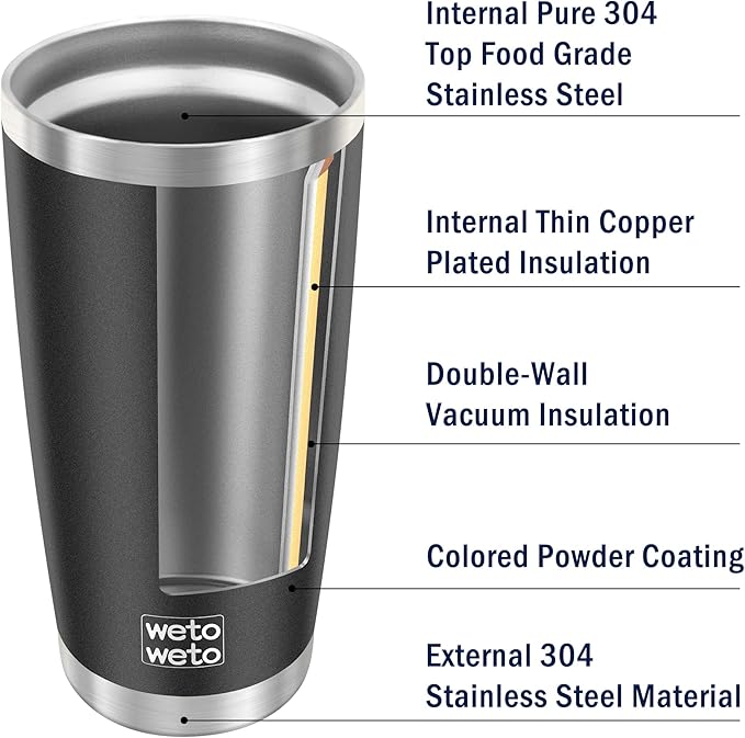WETOWETO 20oz Tumbler, Stainless Steel Vacuum Insulated Coffee Tumbler Cup, Double Wall Powder Coated Leak-proof Travel Coffee Mug Cup (Black, 1 Pack)