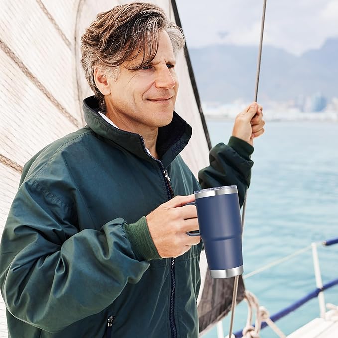 20 oz Stainless Steel Tumbler with Handle Metal Insulated Coffee Travel Mug with Handle Double Wall Tumbler Cup with Lid and Straw, Navy 1 Pack