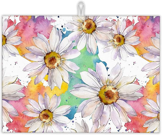 White Daisy Floral Dish Drying Rack Mats Decor,Watercolor Dish Pad Drying Mat Kitchen Counter 18x24 Inch Absorbent Reversible Microfiber for Coffee Bar Sink Countertop