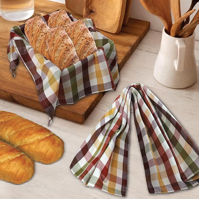 Urban Villa Fall Kitchen Towels Harvest Checks Dish Towels Set of 6 20" X30” 100% Cotton Highly Absorbent Quick Drying Dish Cloths & Dish Towels Thanks Giving Tea Towels with Hanging Loop Bar Towels