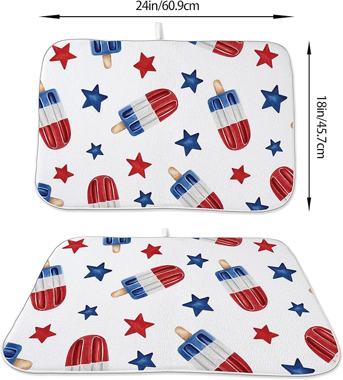 4th of July Dish Drying Mats 18x24 Inch American Red Blue Stars Decor Patriotic Decorative Drying Mats Summer Outdoor Independence Day Memorial Day Decor Coffee Bar Mat for Kitchen Dining Room