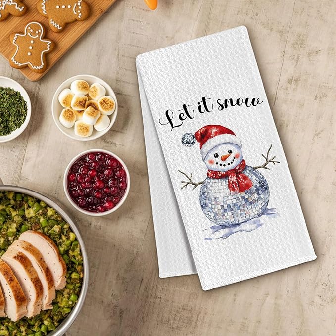 Christmas Disco Ball Snowman Kitchen Towels, Winter Christmas Dish Towels Drying Cloth for Kitchen, Let It Snow Holiday Xmas Snowman Decorative Hand Towel for Bathroom, 16x24 Inch