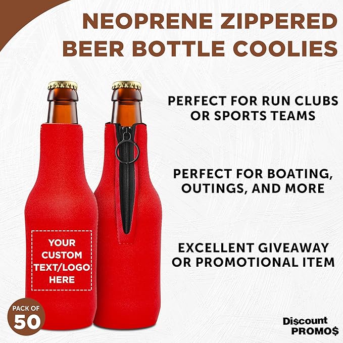 50 Neoprene Zippered Beer Bottle Coolies Pack - Customizable Text, Logo - Sharkskin Rubber Bottom - Red