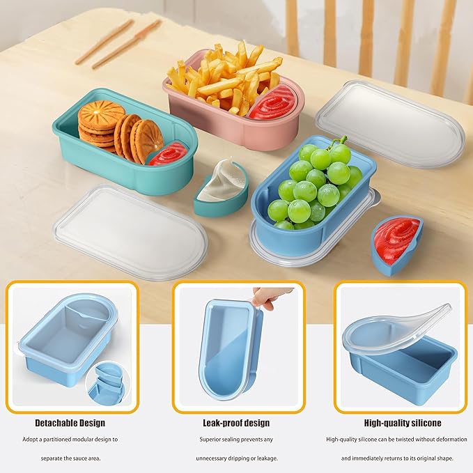3 Pack Reusable Silicone Snack Containers with Lids, Salad Sauce Seasoning Container, Detachable design Mini Kids Snack Concainers for Travel, Office, Picnic
