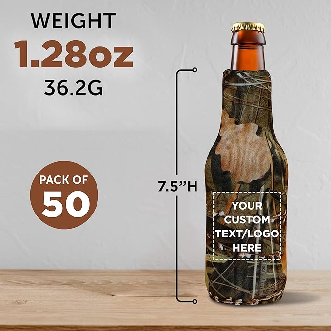 50 Neoprene Zippered Beer Bottle Coolies Pack - Customizable Text, Logo - Sharkskin Rubber Bottom - Camo4