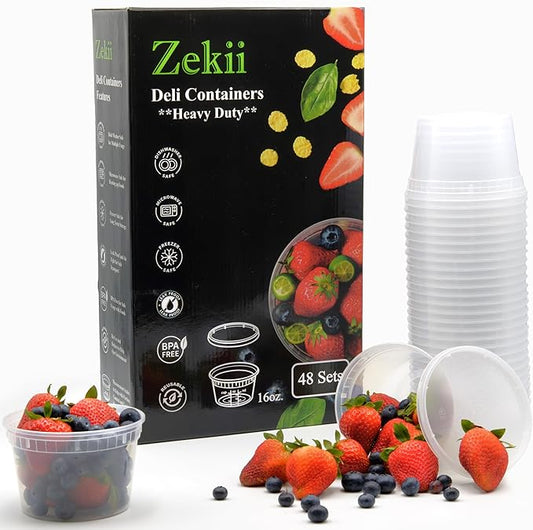 Zekii EXTRA THICK Deli Containers with Lids, Soup Containers w/Lids Airtight, 48Sets 16oz, Disposable, BPA Free, Takeout soup Cups, Meal Prep, Food Storage w/Measurements