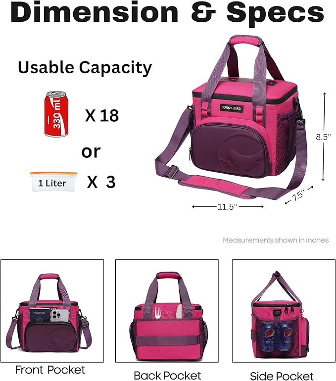 SUNNY BIRD 12L Large Insulated Lunch Bag, Leakproof and Foldable Lunch Cooler Box for Women Adult and Men, Fits 18 Cans (Purple)