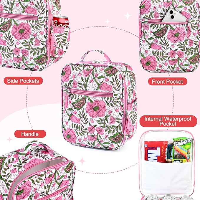Aileam Lunch Box Lunch Bag for Women Cute Girls Lunch Box Insulated Womens Lunch Bag For Work Quilted Large Capacity Reusable Insulated Cooler for Work School Picnic Travel, Vintage Flower