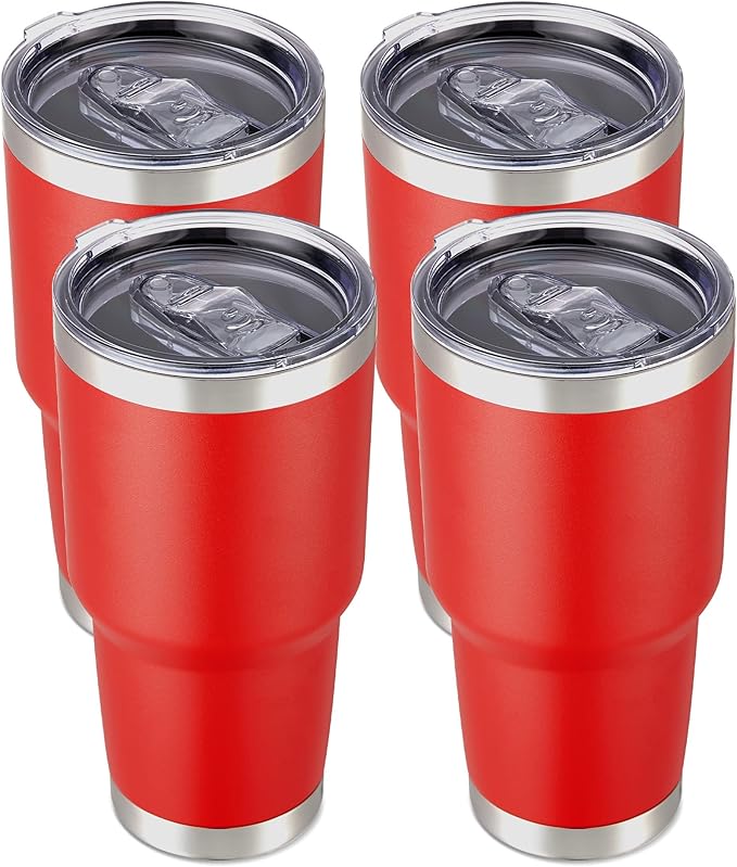 30 oz Tumbler with Lid Stainless Steel Tumblers Bulk Vacuum Insulated Cup Reusable Powder Coated Travel Mug Double Wall Leak Proof Cups Keep Cold Drinks for 12 Hours Wine Red, Set of 4