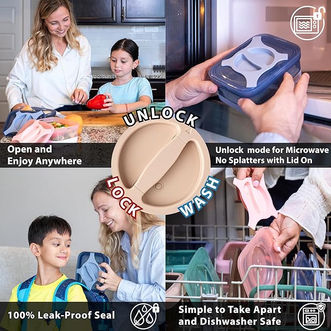 Bento Lunch Box Pack of 2 Leakproof Salad and Meal Prep 3 Cups 25.5oz Container Twistlock Lid Reusable Portable, Microwave and Dishwasher Safe BPA-Free For Work