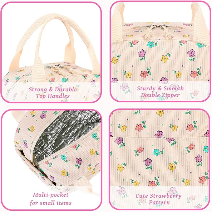 BTOOP Lunch Box for Women Men Cute Corduroy Lunch Bags Large Capacity Insulated Lunch Tote Bag For Work Travel Or Picnic (Mix Color flower)