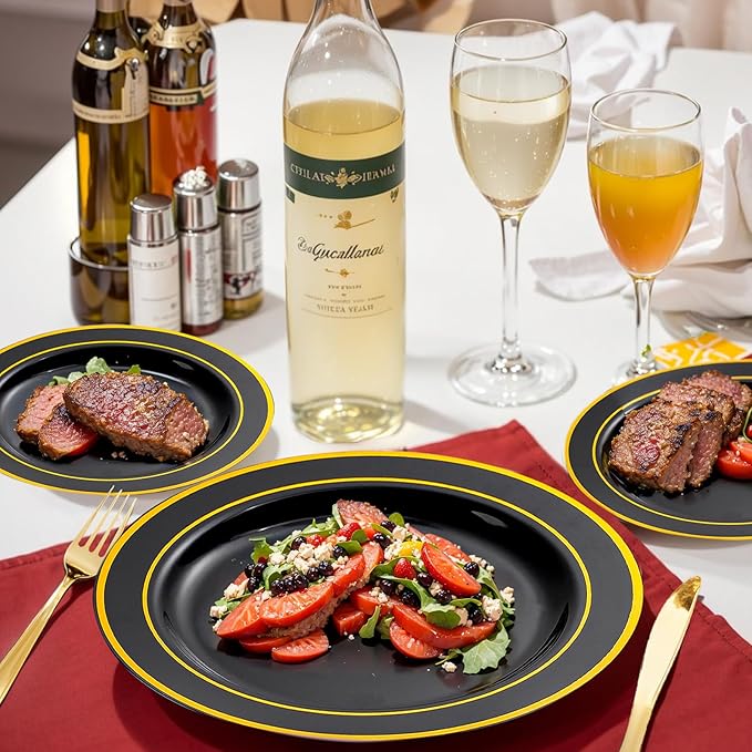 bUCLA 600PCS Black and Gold Disposable Dinnerware Set - Black Plastic Plates Disposable for Party Include 100 Dinner&100 Dessert Plates,100 Knives,100 Forks,100 Spoons,100 Cups for Party & Halloween