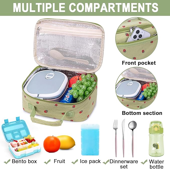 Bluboon Kids Girls Lunch Bag Insulated Lunch Box for school Corduroy Lunch Cooler Organizer School Kids Lunch Tote (Corduroy-Strawberries-Green)
