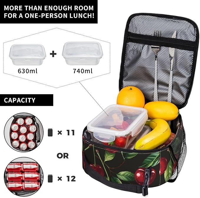 Sweet Cherry Lunch Box for Women Girls Kids, Insulated Cooler Vibrant Red Cherry Lunch Bag for School, Picnic, Office, Travel, Work, Portable Reusable Polyester Thermal Tote Lunch Bags