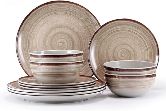 Melamine Dinnerware Sets, Dinnerware Sets for 4, 12Pcs Plates And Bowls Sets, Lightweight and Unbreakable Dish Set for Camping, Picnic,RV, Dishwasher Safe,BPA Free（Brown）