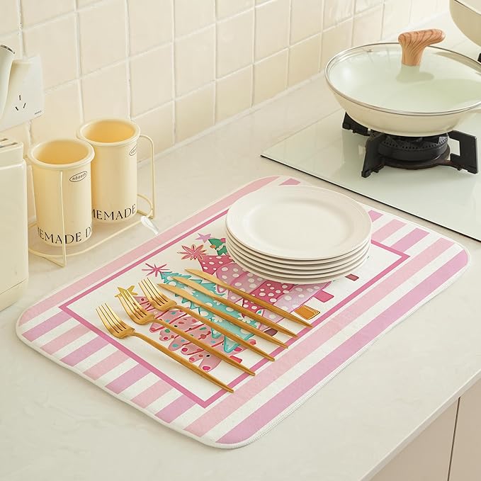 Christmas Dish Drying Mats 18x24 Inch Stripes Watercolor Pink Christmas Trees Star Drying Mats Xmas Winter Holiday Kitchen Decor Absorbent Drying Dish Pad for Kitchen Dining Room Counter