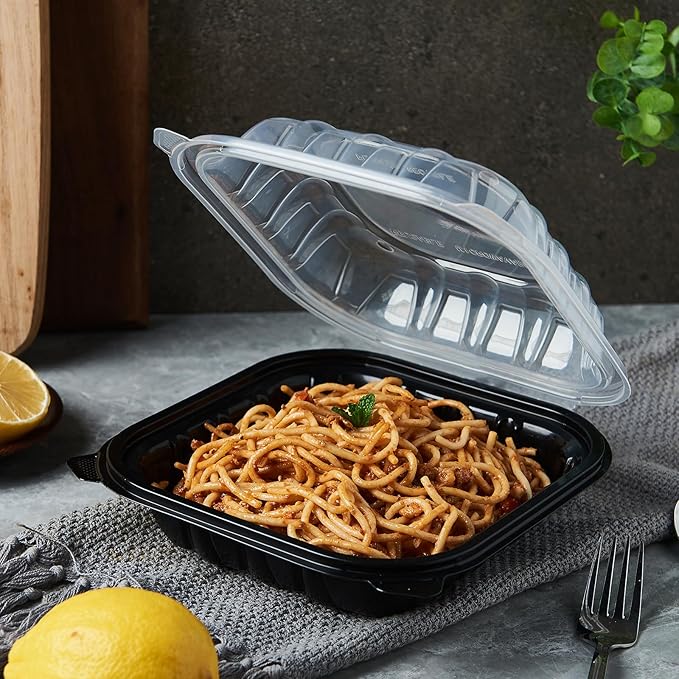 CIAO! 8"x8"x3" Polypropylene Black bottom with Clear Lid Hinged Container 1 Compartment Take Out Container, Microwavable, Recyclable and Reusable, (Case of 150)