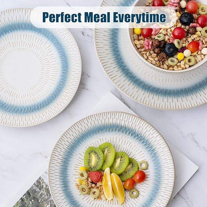 12 Pieces Ceramic Dinnerware Sets, Handmade Reactive Glaze Plates and Bowls Sets, Stoneware Set, Dishwasher & Microwave Safe Dishes set, Blue Relievo